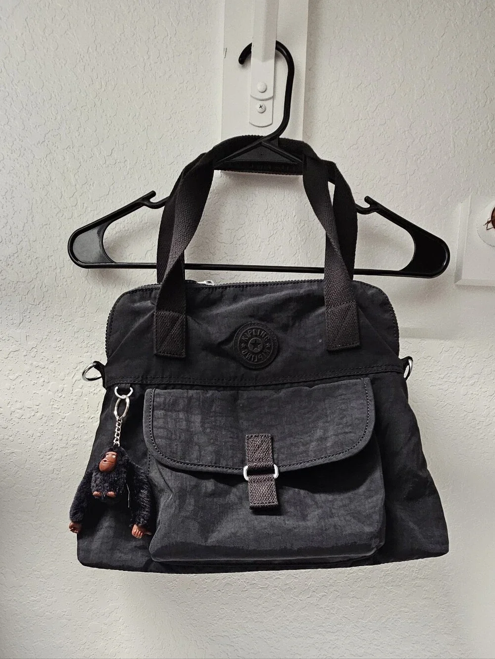 Kipling Pahneiro Black Nylon Shoulder Bag with Monkey Charm